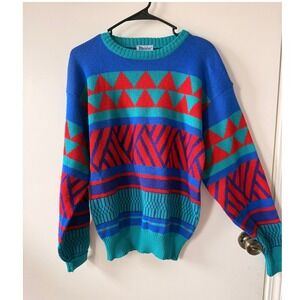 Vintage Meister Wool Blend Geometric Knit Sweater Blue Red Teal Womens Medium